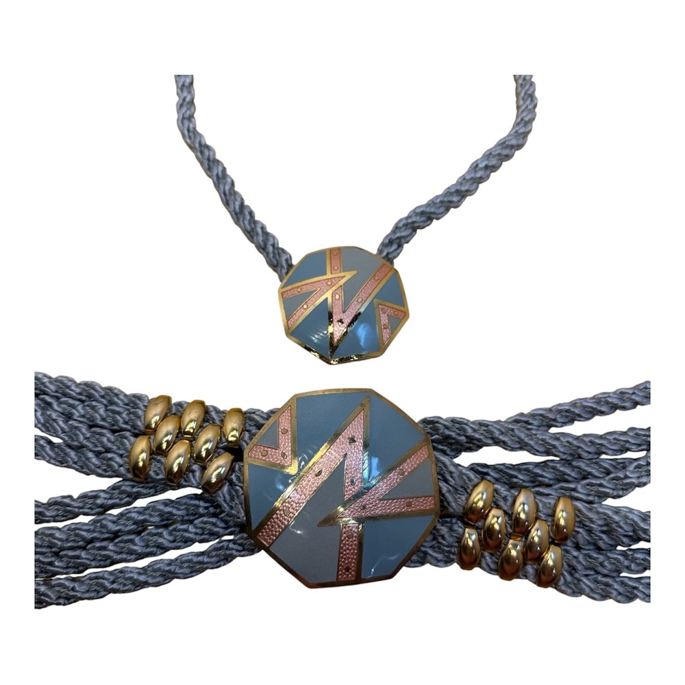 Vintage Art Deco Enamel Geometric Braided Rope Belt and Necklace Set‎ Grey Gold